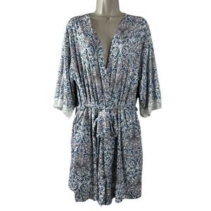 Flora‎ Nikrooz Womens Floral Lace Trim Wrap Robe Blue White Short Pockets Size M